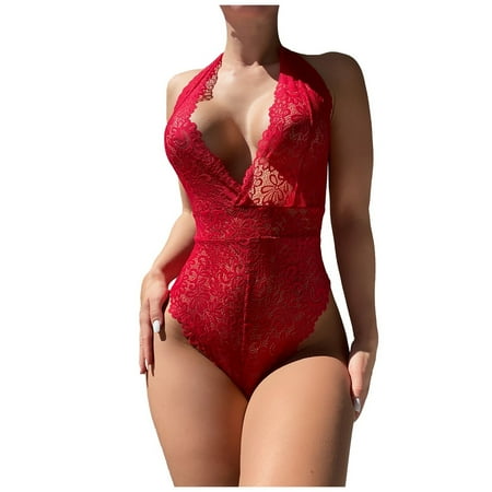 

Womens Lingerie Bodysuit Halter Plunging Sleepwear Floral Lace Underwear Onesies Nightwear Mini Teddy Exotic Bustier