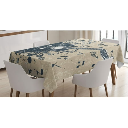 Modern Tablecloth Acoustic Guitar on Retro Murky Background with Music Notes Melody Illustration Rectangular Table Cover for Dining Room Kitchen 52 X 70 Inches Beige Dark Blue by Ambesonne