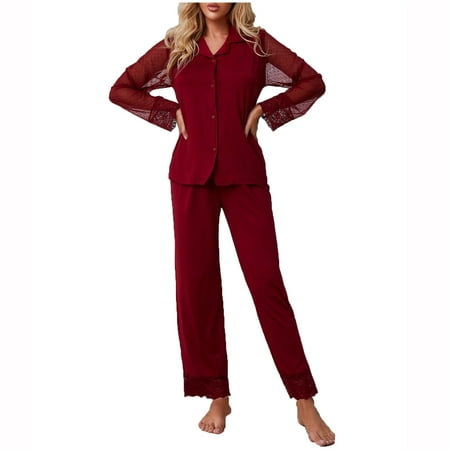 Womens Fall Fashion Pajamas Sets Lace Long Sleeve Button Down Lapel Collar Tops Lace Trim Long Pants PJs Sets Sleepwear
Womens Fall Fashion Pajamas Sets Lace Long Sleeve Button Down Lapel Collar Tops Lace Trim Long Pants PJs Sets Sleepwear