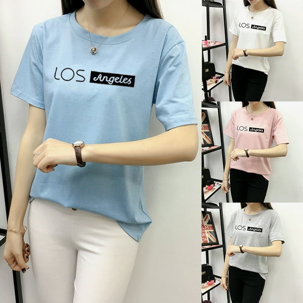 Women Summer Letters Printing Round Collar T shirt Shrimp pink M