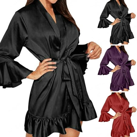 harmtty Women Pajamas Cardigan Silky Above Knee Long Sleeves Solid Color Satin Tight Waist Ruffle Lace Up Lady Sleeping Gown for Bedroom Black
harmtty Women Pajamas Cardigan Silky Above Knee Long Sleeves Solid Color Satin Tight Waist Ruffle Lace Up Lady Sleeping Gown for Bedroom Black