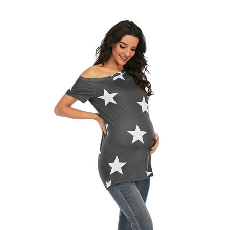 Sunhillsgrace Maternity Blouse Womens Maternity Irregular Star Prints Hem Tee Shirt Casual Short Sleeve Crew Neck Basic Nursed T Shirt Top Breastfeeding