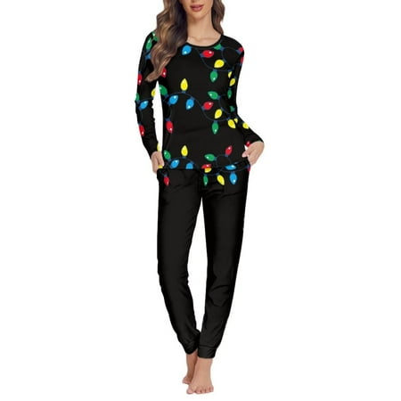 

NETILGEN Colorful Xmas Christmas Lights Print 2 Pcs Crewneck Women Sleepwear Nightgown Thermal Women Pj Sets Long Pants Stretchy Pajamas for Women Set Plus Size