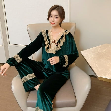 PIKADINGNIS Womens Pajamas Set Winter Leisure Elastic Warm Flannel Sleepwear Set Womens Long Sleeve Lace Gold Velvet Girl Homewear Clothes