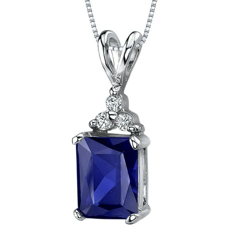 Peora 3.00 Carat T.G.W. Radiant Cut Created Blue Sapphire 3 CZ Accent Rhodium over Sterling Silver Pendant, 18