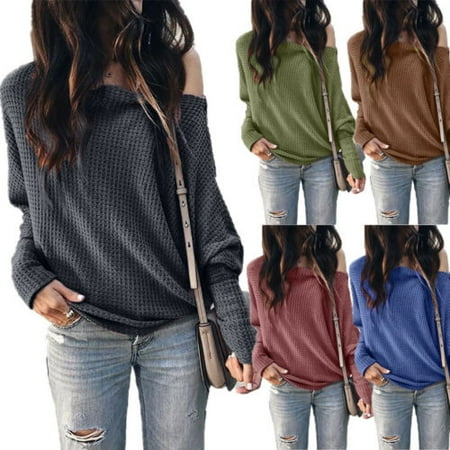 Pudcoco Women Solid Loose Long Sleeve Casual Blouse Shirt Tops Off Shoulder T-Shirts New