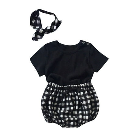 Up to 30% off! Kukoosong Summer Baby Girl Clothes Solid Tops+Dot Plaid Shorts Outfits Summer Set Black 90