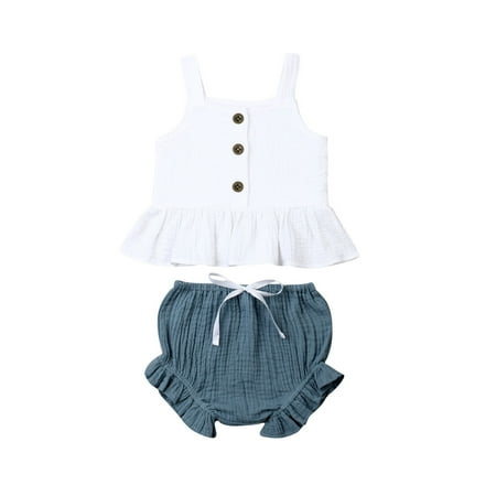 Puloru Baby Girl Stylish Set Sleeveless Sling Top Harlan Wide Leg Shorts