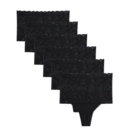 High Waisted Thong Underwear For Women,Black Lace Thong Cotton Tangas Plus Size Panties 6 Pack