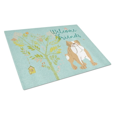 Caroline s Treasures Welcome Friends English Bulldog Glass Cutting Board Large