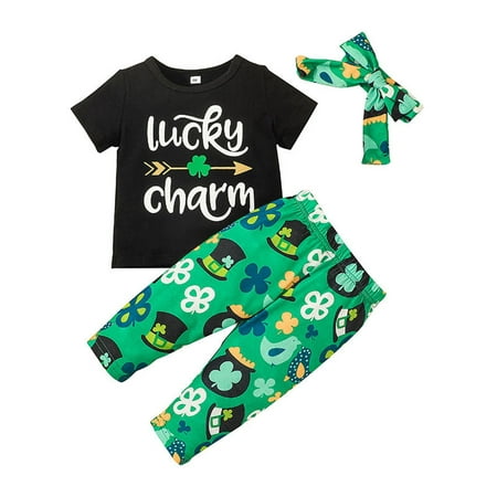 Mubineo Baby Girls Summer Outfit Sets Black Short Sleeve O Neck Tops + Clover Print Pants + Headband
Mubineo Baby Girls Summer Outfit Sets Black Short Sleeve O Neck Tops + Clover Print Pants + Headband