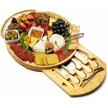 Round Cheese and Charcuterie Board Set - 13 Round Charcuterie Board Bamboo Cheese Board and Knife Set Beautiful Charcuterie Boards Gift Set Round Cheese Board Set Circle Charcuterie Board Round