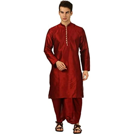 Devyom Men s Silk Straight Regular Fit Dhoti Kurta Set (Red 44)