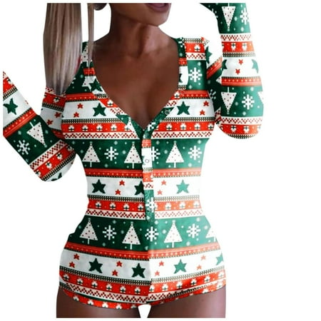 Clearance Sale Womens Onesie Flap Pajamas Christmas Print Sexy Butt Flap Sleepwear Cute Button Collar Rompers Nightwear Jumpsuit
