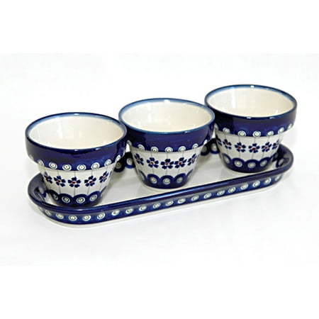 Blue Rose Polish Pottery Flowering Peacock Flower Pots with Tray