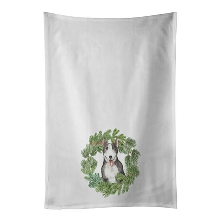 Bull Terrier Black and White Christmas Wreath White Kitchen Towel Set of 2 19 in x 28 in