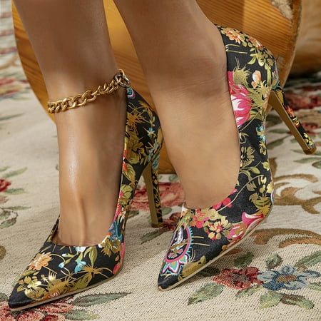 Women‘s Floral Print High Heels Pointed Toe Slip On Stiletto Heels Sexy Dress Shoes