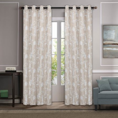 1PC Floral Design Grommet Printed Woven Blackout Room Darkening Window Curtain Floral Pattern Energy Saver With Silver Grommets in Multiple Colors and Sizes (63", Beige)