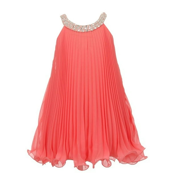 Little Girls Coral Pleated Chiffon Beaded Short Flower Girl Dress 6