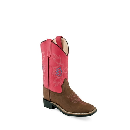 Old West Brown/Pink Children Girls Faux Leather Cowboy Boots 2D