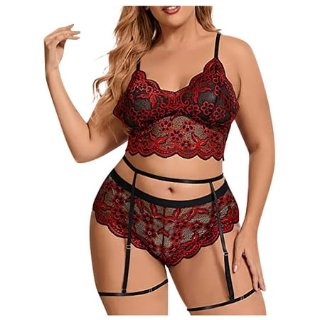 

YDKZYMD Women s Sexy Bra and Panty Sets Lace Plus Size with Garter Belt Bralette Teddy Babydoll Lingerie 3 Piece Red XL
