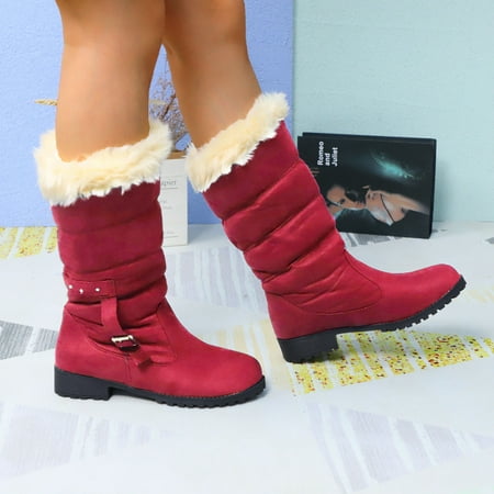 TALKVE Snow Suede Boots Fashion Belt Heel Buckle Boots Warm Mid- Women s Thick women s boots