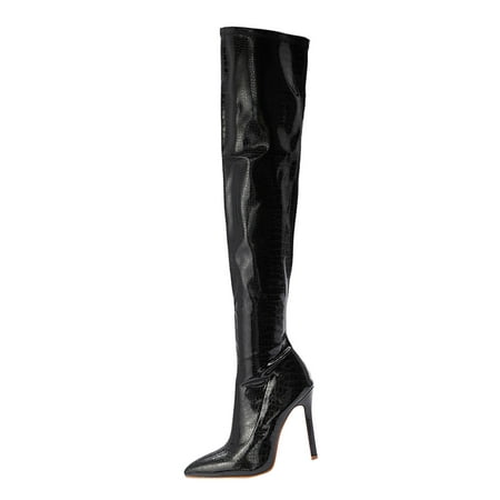 

Boots for Women Clearance Deals! Verugu Sexy Fall Thigh High Heel Boots Over-the-Knee Boots Women s Sexy Nightclub Patent Leather High Heeled Side Zipper Over The Knee Stretch Boots Black 40