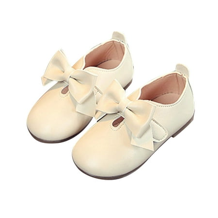 

QIANGONG Toddler Shoes Girls Casual Shoes Flat Light Hook Loop Solid Color Bow Simple Style (Color: Beige Size: 28 )