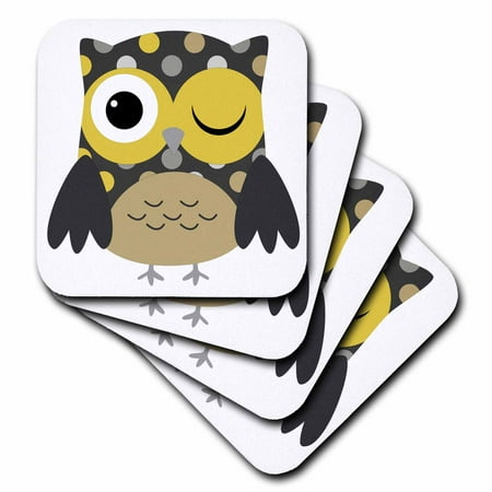 3dRose Cute Yellow Polka Dot Owl - Soft Coasters set of 4