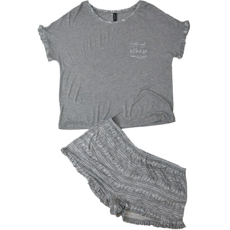 Womens Juniors Gray White Heathered Tribal Triangle Pajamas Shorts Sleep Set