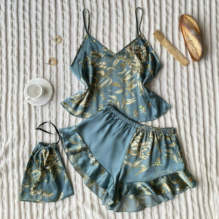 3 Pieces Satin Pajama Set Women s Soft Silk Floral Print V-neck Camisole and Ruffle Shorts Loose Home Sleepwear
3 Pieces Satin Pajama Set Women s Soft Silk Floral Print V-neck Camisole and Ruffle Shorts Loose Home Sleepwear