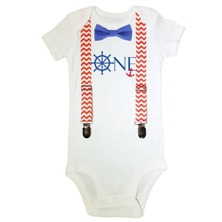 

Nautical First Birthday Outfit Baby Boy Red Chevron Blue Anchor Ship Wheel Bow Tie Suspenders 18-24 months Noah s Boytique