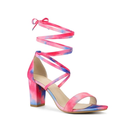 Unique Bargains Women s Tie Dye Lace-Up Strappy Chunky Heels Sandals