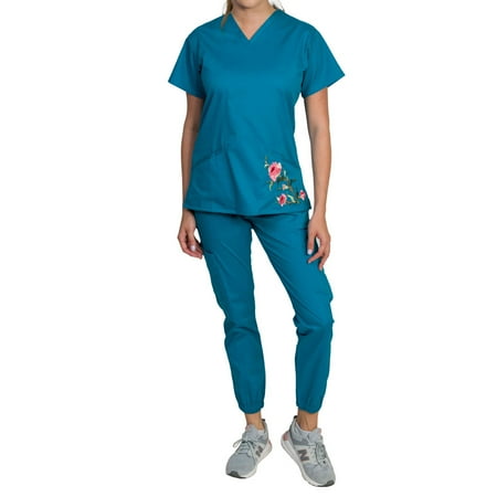 Medgear Blossom Women s Floral Embroidery Scrubs Set