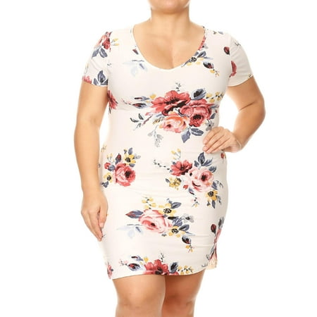 MOA COLLECTION Women's Plus Size Pattern Print Casual V-Neck Short Sleeve Scoop Neck Mini Dress