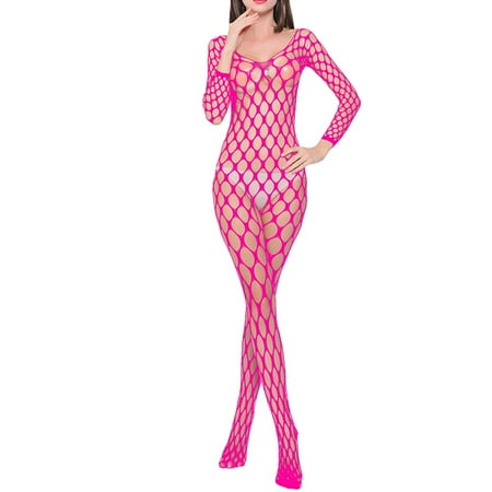 Womens Lingerie Hollow Out Net Skirt Transparent Mesh Bodycon Underwear Teddy Bodysuit Pink One Size
