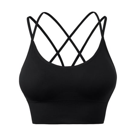 Qcmgmg Yoga Bra for Women Cami Solid Criss Cross Sports Bra Black L