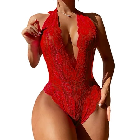 VSNOW Women Sexy Lace Lingerie Plunge V Neck Sleepwear Teddy Bodysuit