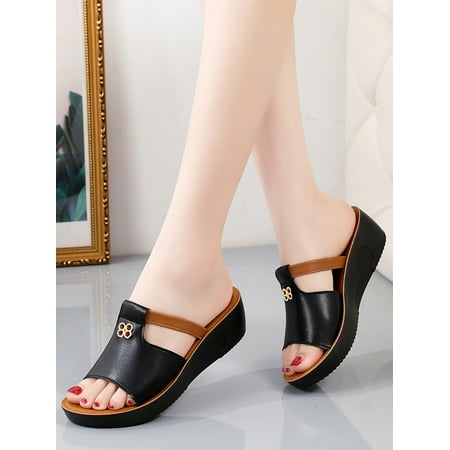 Women Black Metal Decor Wedge Slide Sandals Women‘s Footwear 
Women Black Metal Decor Wedge Slide Sandals Women‘s Footwear