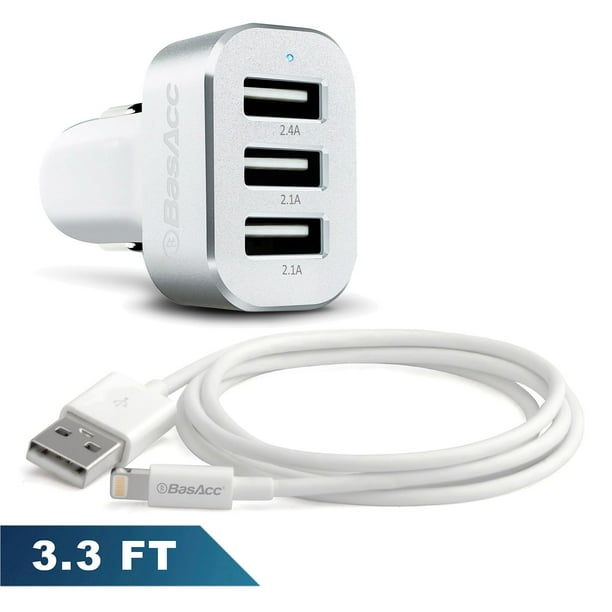 For iPhone Charger by BasAcc Lightning 8-Pin USB Sync & Charge Cable (Apple MFi Certified) + 3-Port 6.6A Car Charger Adapter for iPhone XS X 8 7 6S 6 6S Plus SE 5 iPad Pro Air Mini iPod Touch 6th 5th