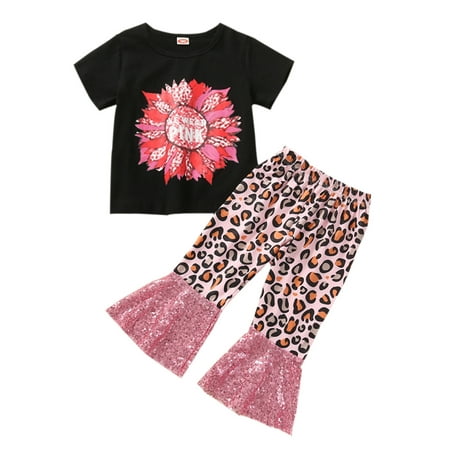 ZIYIXIN Toddler Baby Girls Outfits Short Sleeve Flower Print Top Print Sequin Flare Pants Set Kids Clothes Black 4-5 Years