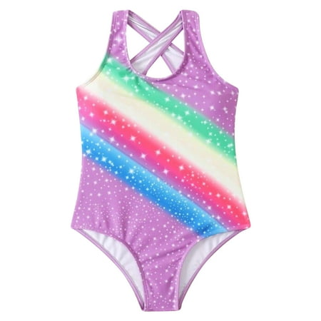 Girls Summer Cute Crisscross Rainbow Printing Floral Printed Beach Swimsuit