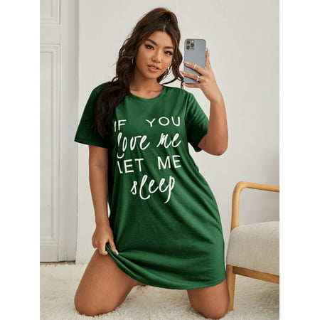 

Casual Women s Plus Short Sleeve Slogan Graphic Night Dress Dark Green 1XL(14) for Summer F220102Y