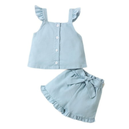 Baby Girls Outfits Solid Color Sleeveless Button Square Neck Ruffle Sleeve Top +Bow Elastic Shorts 2Pcs Clothes Set 9-12 Months Blue
Baby Girls Outfits Solid Color Sleeveless Button Square Neck Ruffle Sleeve Top +Bow Elastic Shorts 2Pcs Clothes Set 9-12 Months Blue