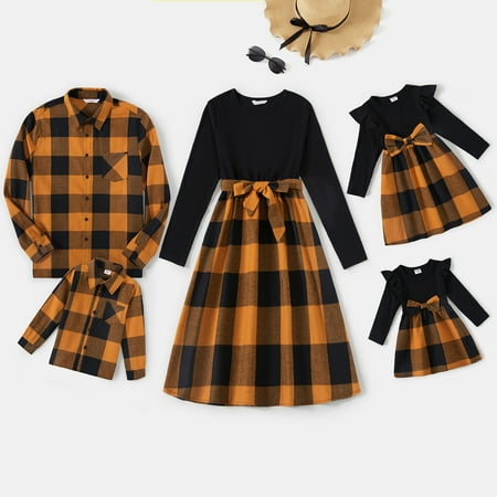 

PatPat Family Matching Long-sleeve Solid Rib Knit Spliced Plaid Dresses and Button Up Shirts