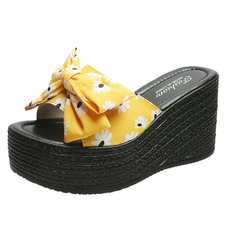 dmqupv Buckle Sandals for Women Floral Fabric Wedge Heel Open Toe Sandals Women Sandals Heels Strap Shoes Pumps Sandal Yellow 7.5