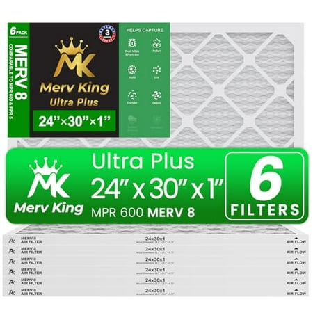 Merv King 24x30x1 Air Filter | MERV 8 | MPR 600 - 700 Ultra Plus | 6-Pack | Pleated HVAC AC Furnace Replacement Air Filters | Actual Size: 23.7 x 29.7 x 0.75
Merv King 24x30x1 Air Filter | MERV 8 | MPR 600 - 700 Ultra Plus | 6-Pack | Pleated HVAC AC Furnace Replacement Air Filters | Actual Size: 23.7 x 29.7 x 0.75