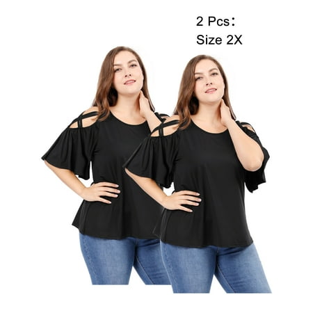 Agnes Orinda Women's Plus Size Trumpet Sleeves Strappy Shoulder Top Black 2X