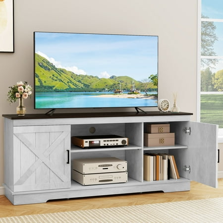Uforic Farmhouse TV Stand for up 65" TVs, Entertainment Center Console Table for Living Room, Gray White
