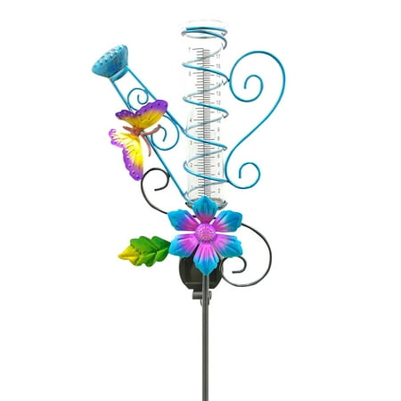 Iron Art Outdoor Garden Solar Powered Butterfly Rain Gauge Yard Lawn